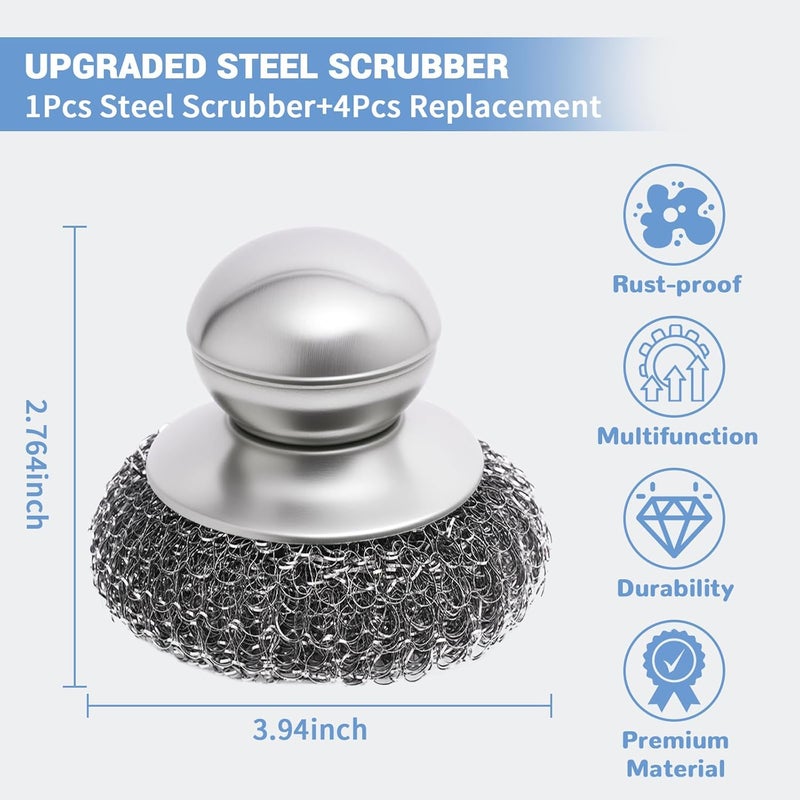 MISULOVE Steel Wool Scrubber with Handle, 5Pcs Stainless Steel Scrubber Set, Metal Pan & Pot Cleaner for Cast Iron, Grill, Stove, Oven, Sink, Stubborn Messes (1 Handle +4 Pads)​ - Image 5